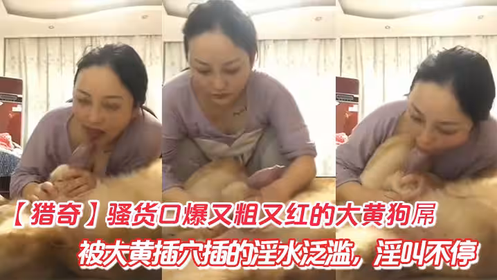 【獵奇】騷貨口爆又粗又紅的大黃狗屌，被大黃插穴插的淫水泛濫，淫叫不停。