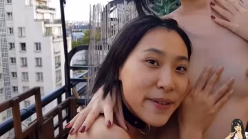 中國美女留學生在巴黎陽台上玩3P