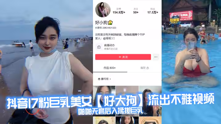 抖音17粉巨乳美女【好大狗】流出不雅視頻，啪啪無套後入揉搓巨乳，這波濤洶湧看著就很窒息，能直接把你悶死！