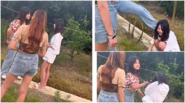 校園暴力，兩個漂亮少女狂扇白衣女，揪頭髮腳踹，最毒少女心！..