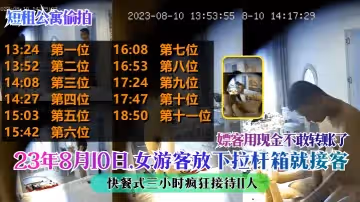 【短租公寓偷拍】23年8月10日，女遊客放下拉杆箱就接客，快餐式三小時瘋狂接待11人，嫖客用現金不敢轉帳了！